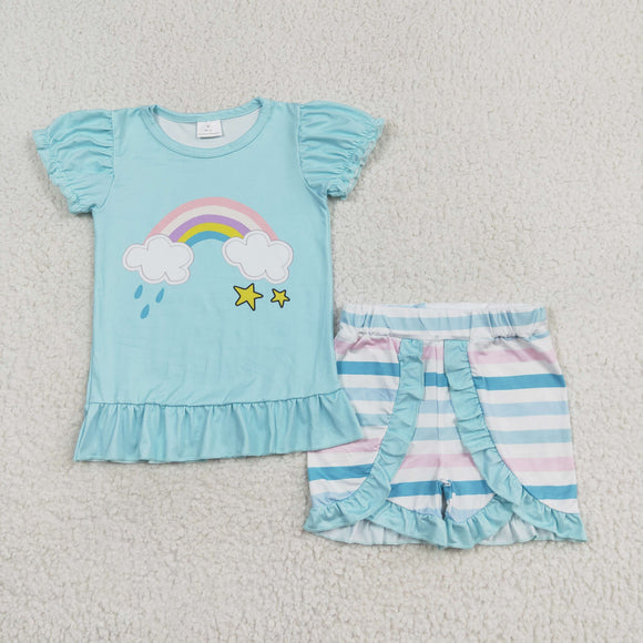 Rainbow Stripe Blue Girls Shorts Sets