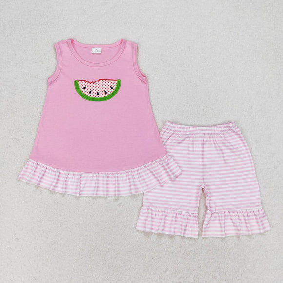 Watermelon Pink Stripe Ruffles Girls Shorts Sets