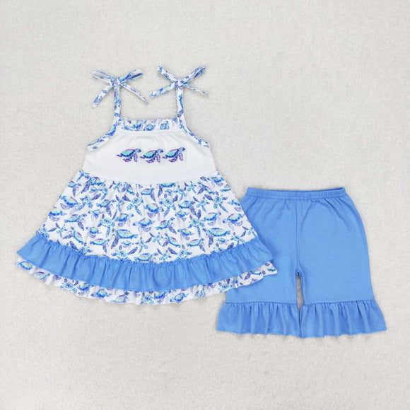 Sea Turtle Blue Ruffles Girls Shorts Sets