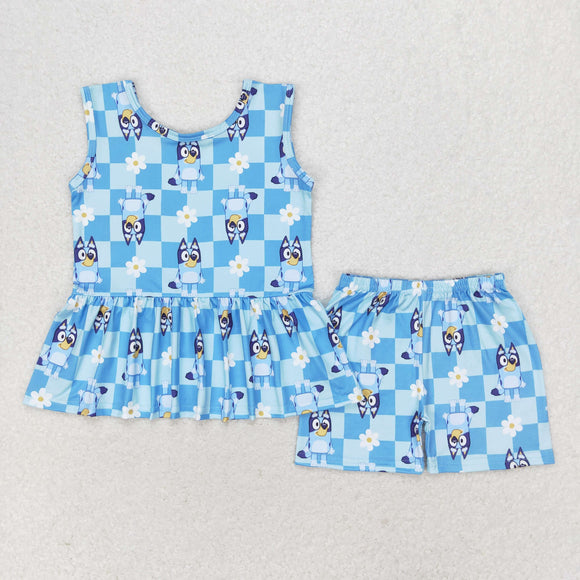 Cartoon Dogs Floral Blue Plaid Girls Shorts Sets