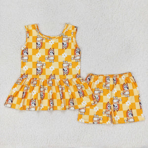 Cartoon Dogs Floral Orange Plaid Girls Shorts Sets