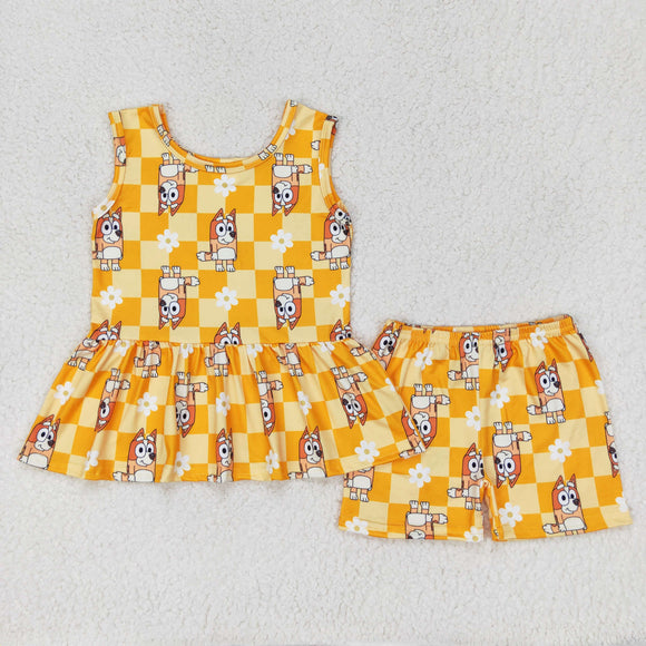 Cartoon Dogs Floral Orange Plaid Girls Shorts Sets