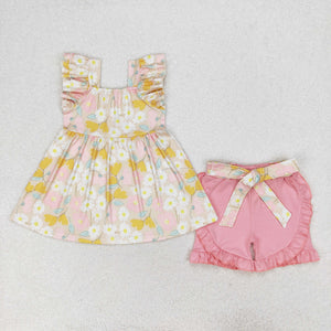 Floral Belt Pink Girls Shorts Sets