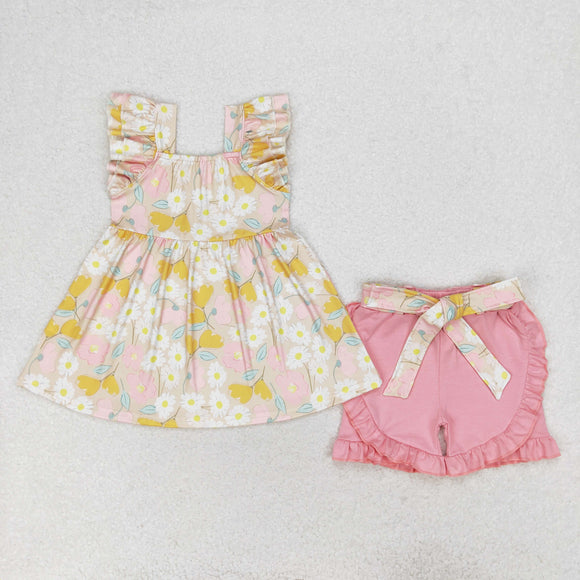 Floral Belt Pink Girls Shorts Sets