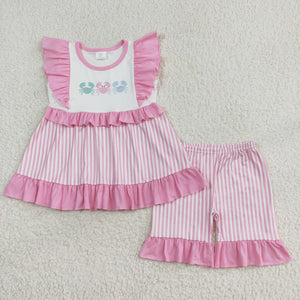 Crab Stripe Pink Ruffles Girls Shorts Sets
