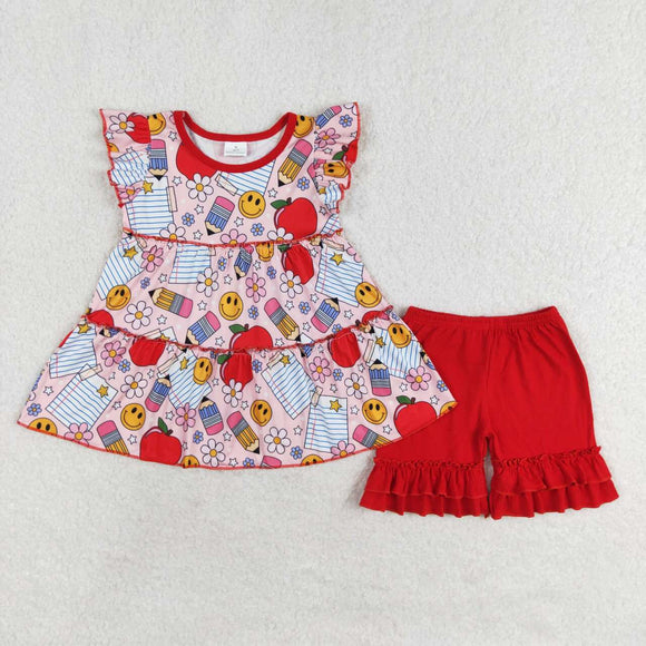 Pencil Floral Apple Pink Red Girls Back to School Outfits