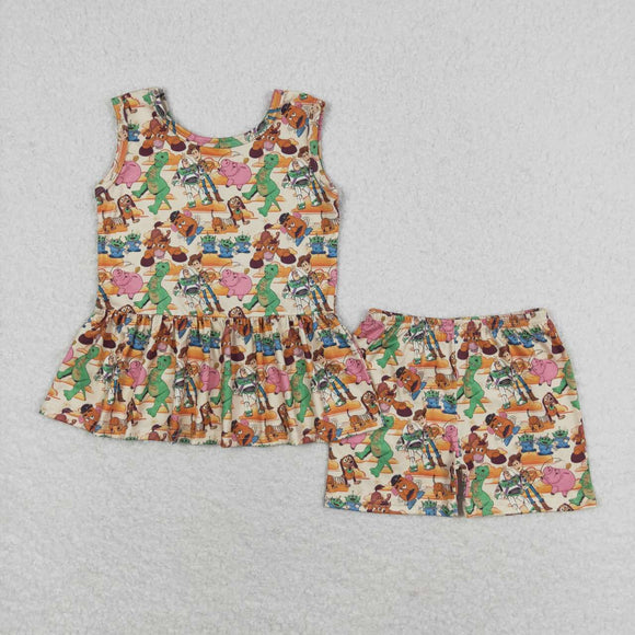 Cartoon Dinosaur Beige Girls Shorts Sets