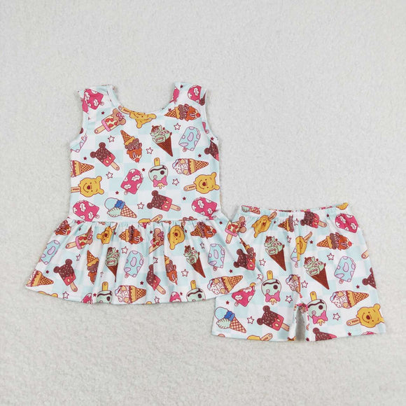 Cartoon Ice Cream Plaid Girls Shorts Sets