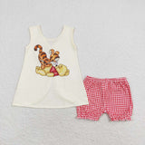 Cartoon Bear Yellow Red Plaid Girls Shorts Sets