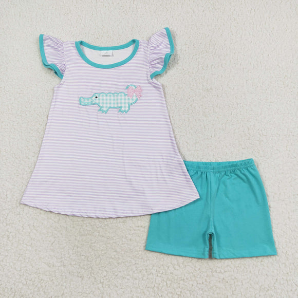 Crocodile Purple Stripe Blue Girls Shorts Sets