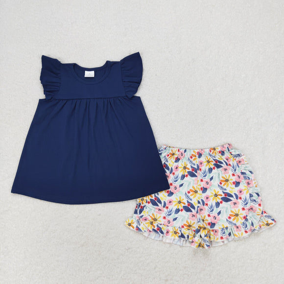 Solid Navy Floral Girls Shorts Sets