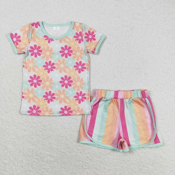 Floral Colorful Stripe Girls Shorts Sets