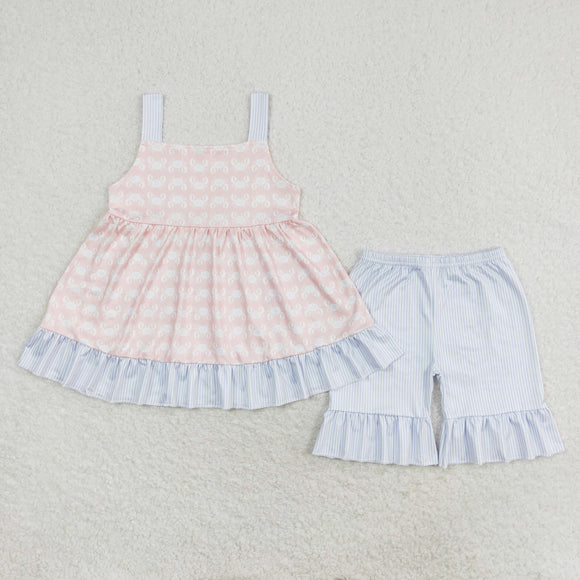 Crab Blue Stripe Ruffles Girls Shorts Sets