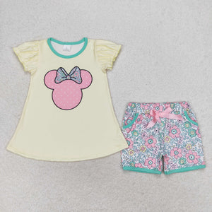 Cartoon Floral Yellow Girls Shorts Sets