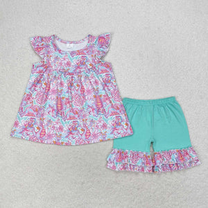 Cartoon Dinosaur Floral Bluish Girls Shorts Sets