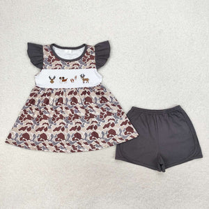 Dog Deer Camo Gray Girls Shorts Sets