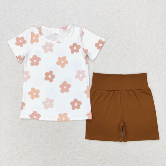 Floral White Brown Girls Shorts Sets