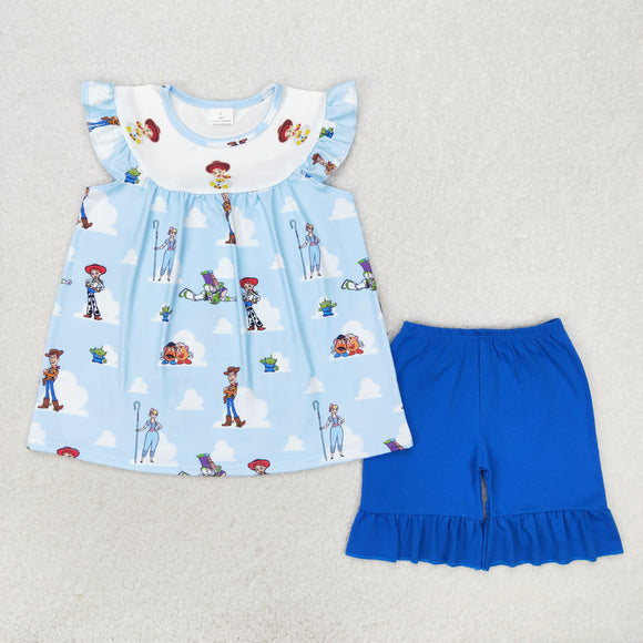 Cartoon Characters Cloud Blue Girls Shorts Sets