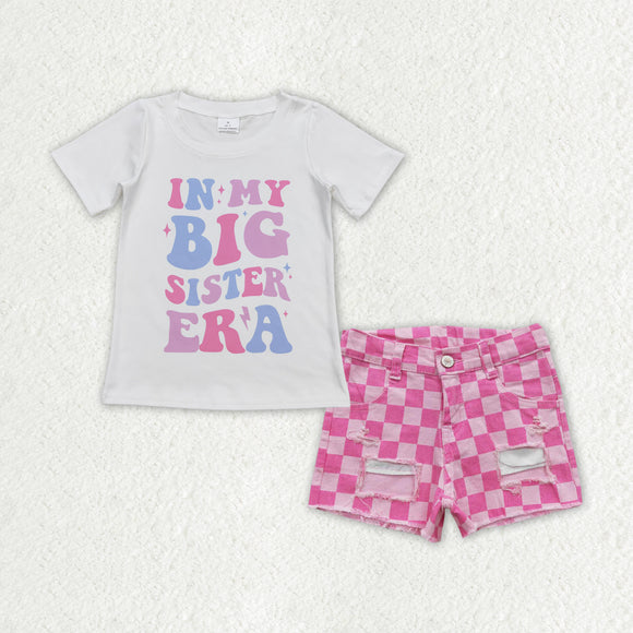 In my big sister era Pink Plaid Denim Girls Shorts Sets