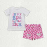 In my big sister era Pink Plaid Denim Girls Shorts Sets