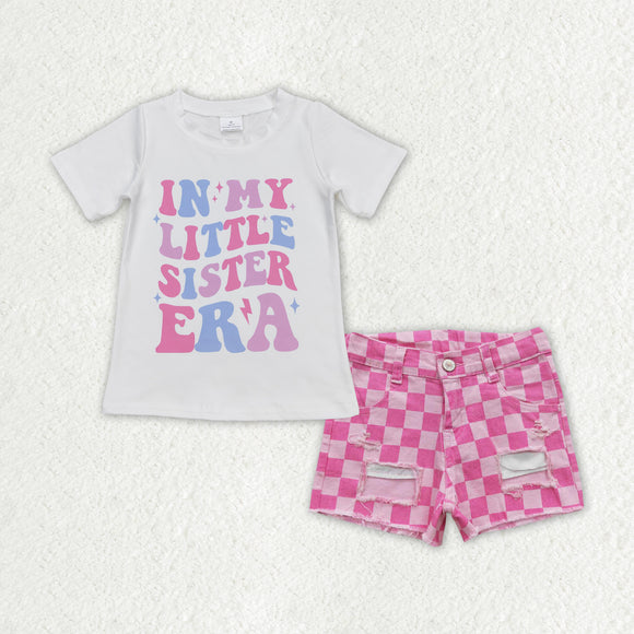 In my little sister era Pink Plaid Denim Girls Shorts Sets