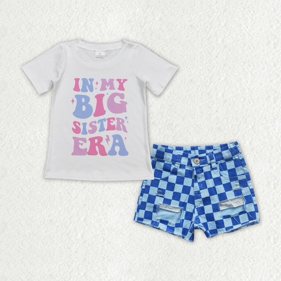 In my big sister era Blue Plaid Denim Girls Shorts Sets