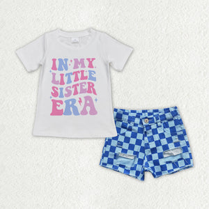 In my little sister era Blue Plaid Denim Girls Shorts Sets