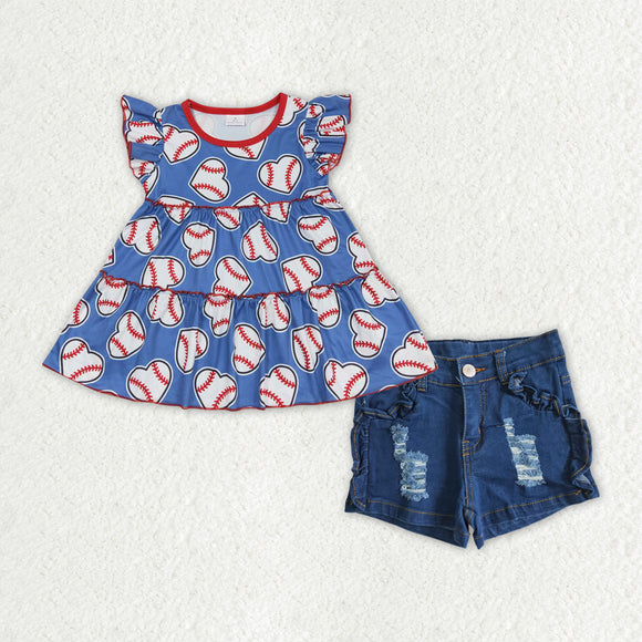 Baseball Heart Blue Jeans Girls Shorts Sets