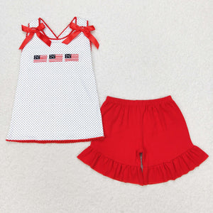 Flag Polka Dots Red Bows Girls 4th of July Outfits