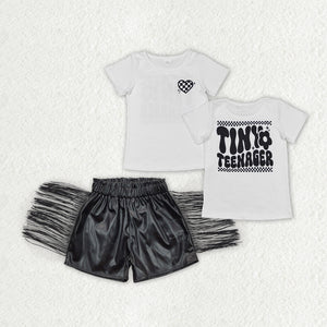Tiny Teenager Black Leather Tassels Girls Shorts Sets