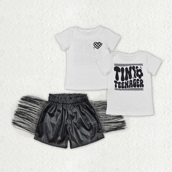 Tiny Teenager Black Leather Tassels Girls Shorts Sets