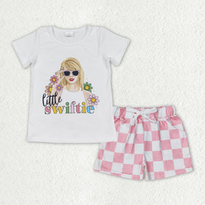 Little Swiftie Pink White Plaid Girls Shorts Sets