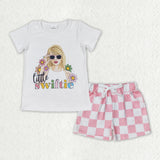 Little Swiftie Pink White Plaid Girls Shorts Sets