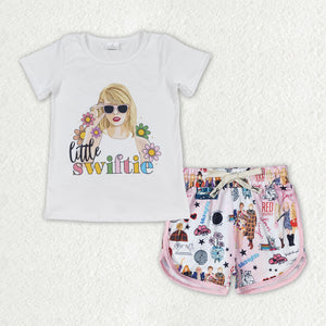 Little Swiftie Pink White Girls Shorts Sets