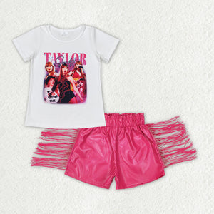Singer Hot Pink Leather Tassels Girls Shorts Sets