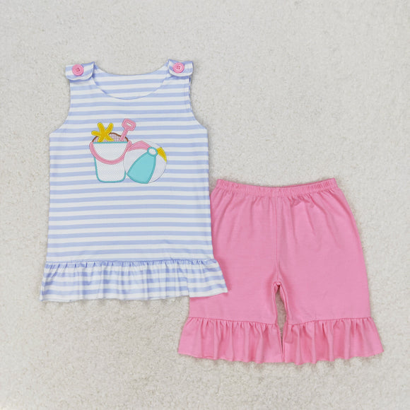 Beach Ball Stripe Pink Ruffles Girls Shorts Sets