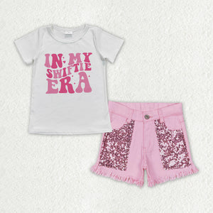 In my swiftie era Sequins Pink Denim Girls Shorts Sets