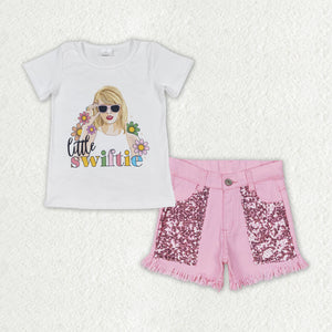 Little swiftie Sequins Pink Denim Girls Shorts Sets