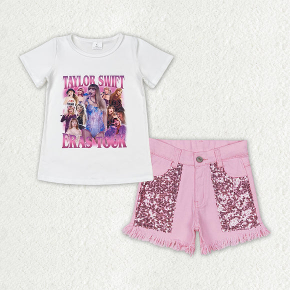 Singer Sequins Pink Denim Girls Shorts Sets