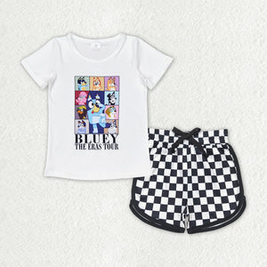 Cartoon Dogs Black White Plaid Girls Shorts Sets