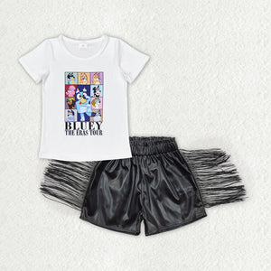 Cartoon Dogs Black Leather Tassels Girls Shorts Sets