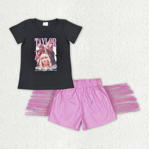Singer Black Pink Leather Tassels Girls Shorts Sets