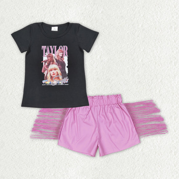 Singer Black Pink Leather Tassels Girls Shorts Sets