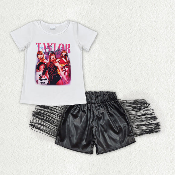 Singer Black Leather Tassels Girls Shorts Sets
