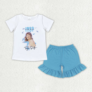 1989 Singer White Blue Girls Shorts Sets