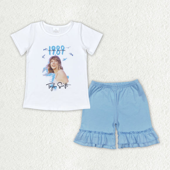1989 Singer White Blue Double Ruffles Girls Shorts Sets