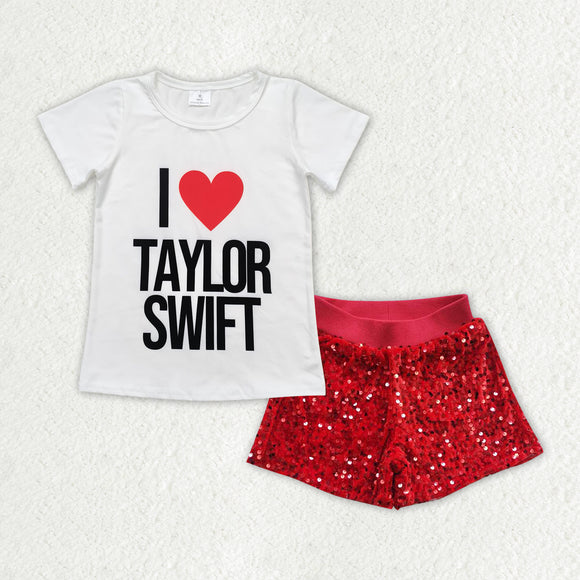 I love Singer Red Sequins Girls Shorts Sets