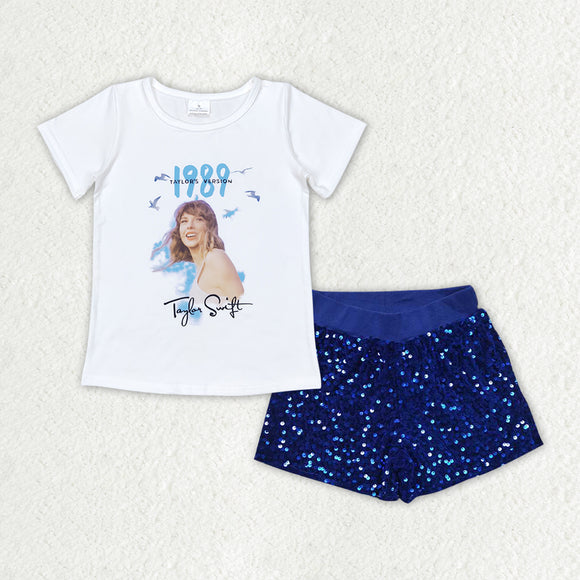 1989 Singer Blue Sequins Girls Shorts Sets