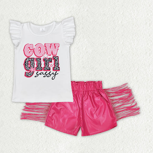 Cowgirl Sassy Hot Pink Leather Tassels Girls Shorts Sets