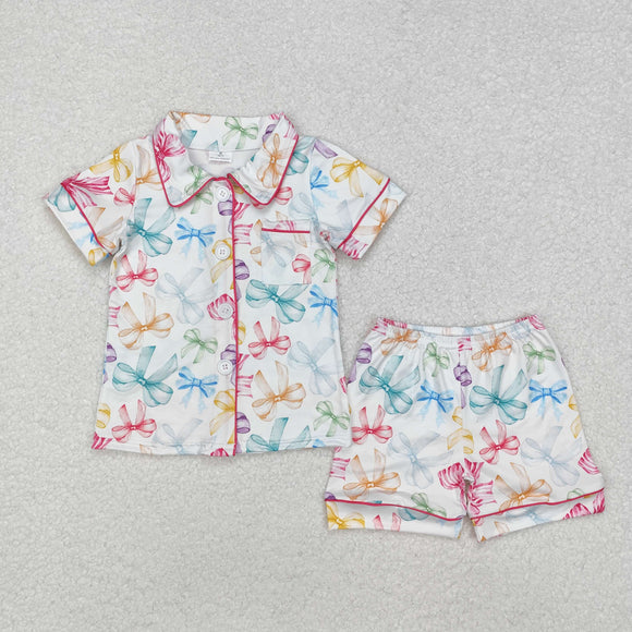 Colorful Bow Pattern White Girls Short Sleeve Pajamas